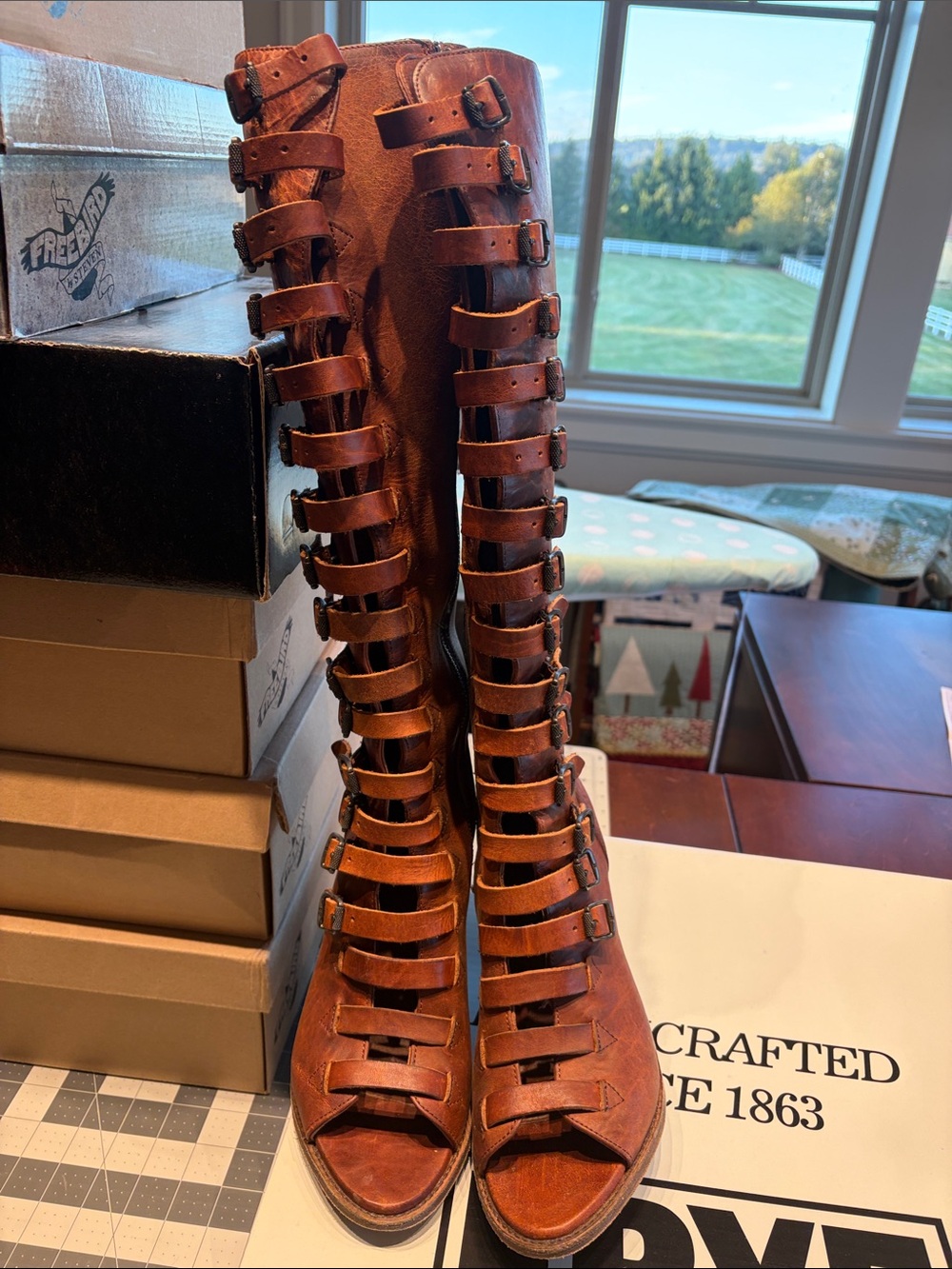 Frye Brown Leather Strappy Knee-High Gladiator Boots